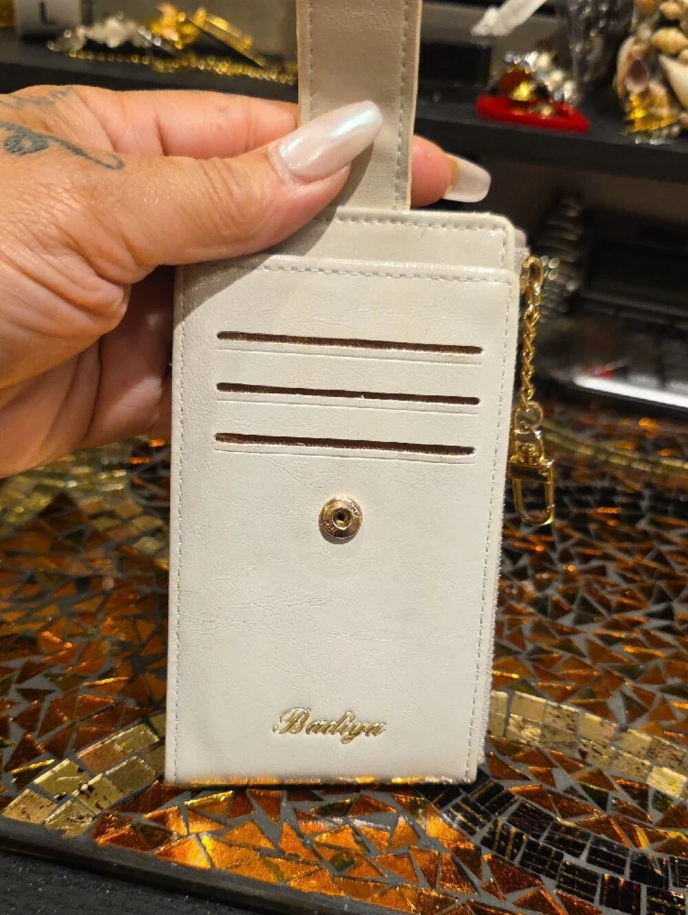 Elegant Cream Phone Wallet Case with Card Slots and Chain Strap